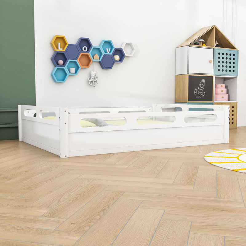 Floor Platform Bed with Guardrails, White, Full