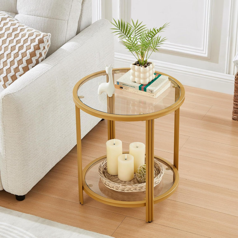 Table d'appoint ronde moderne de 50 cm (19,7 po) avec plateau en verre et rangement à 2 niveaux, Gold