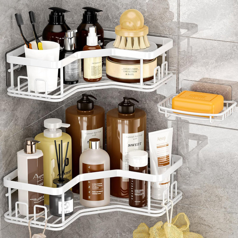Ensemble de 3 paniers de douche adhésifs, support de rangement en acier inoxydable antirouille pour salle de bain, cuisine, comptoir - sans installation de perceuse, peut contenir jusqu'à 40 lb