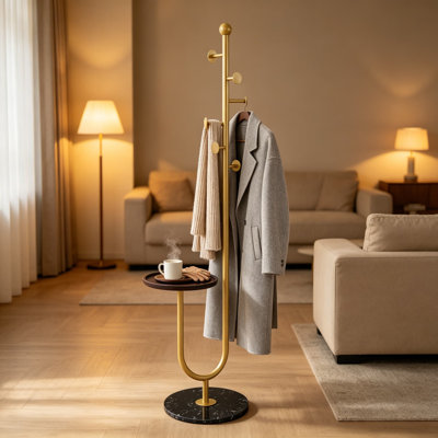 Portemanteau autoportant avec table et 6 crochets, portemanteau en coin robuste pour chambre à coucher, salon, bureau, entrée, 13,78 po x 13,78 po x 68,11 po, doré
