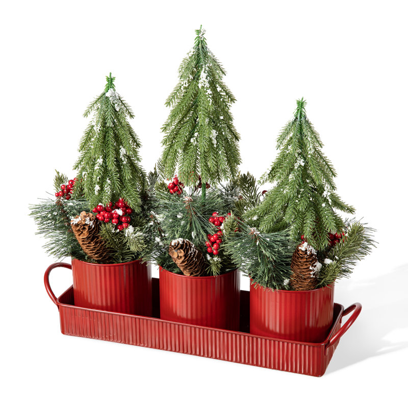 21"L Christmas Potted Triple Trees Centerpiece Or Table Tree