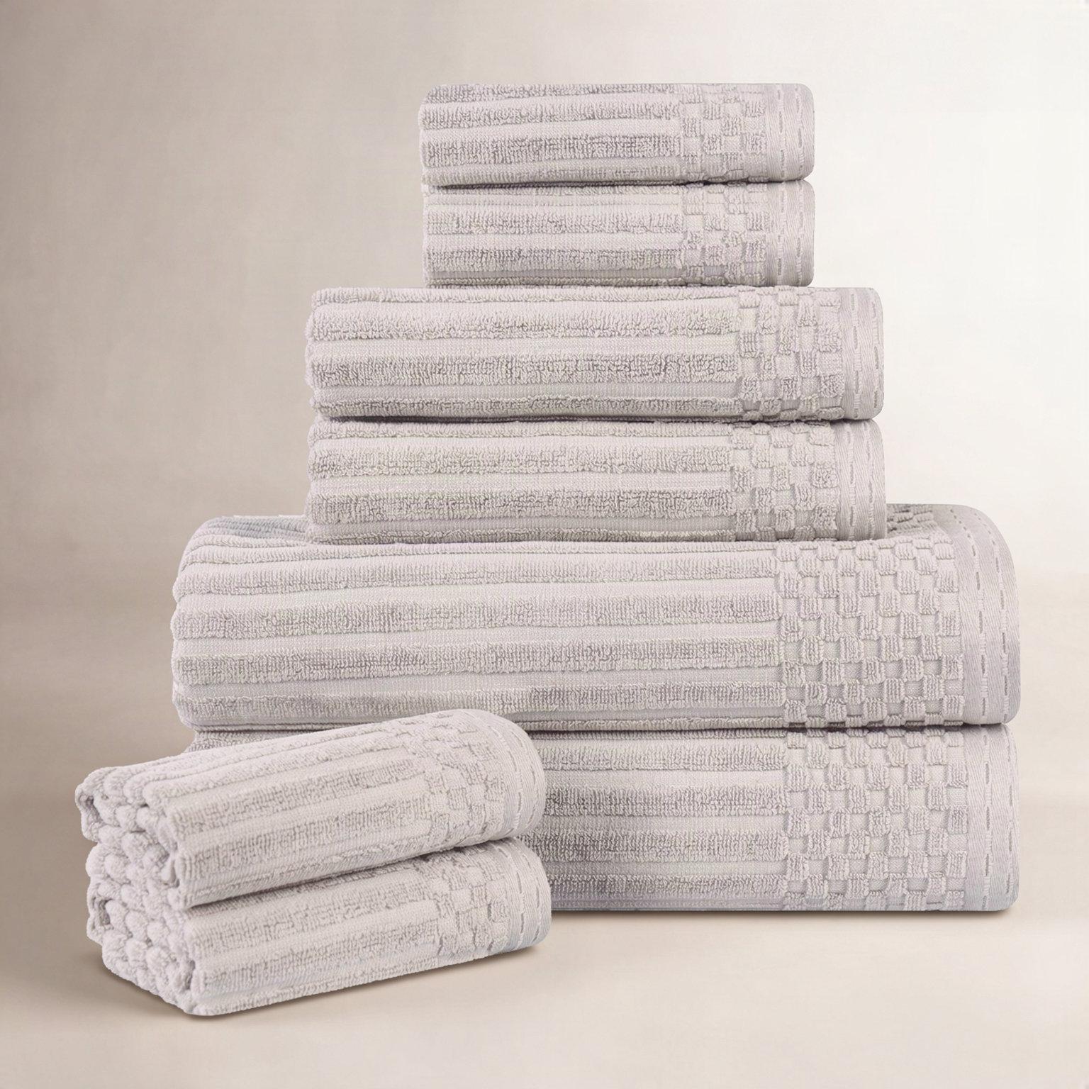 8-Piece Checkered Border Cotton Towel Set, Silver, 8 Piece Towel set (2-bath, 3-hand, 3-face)