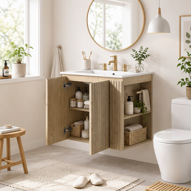 Meuble-lavabo mural de 61 cm (24 po) avec lavabo en céramique, armoire suspendue à 2 portes, tablette en U réglable, poignées dissimulées et rangement latéral ouvert