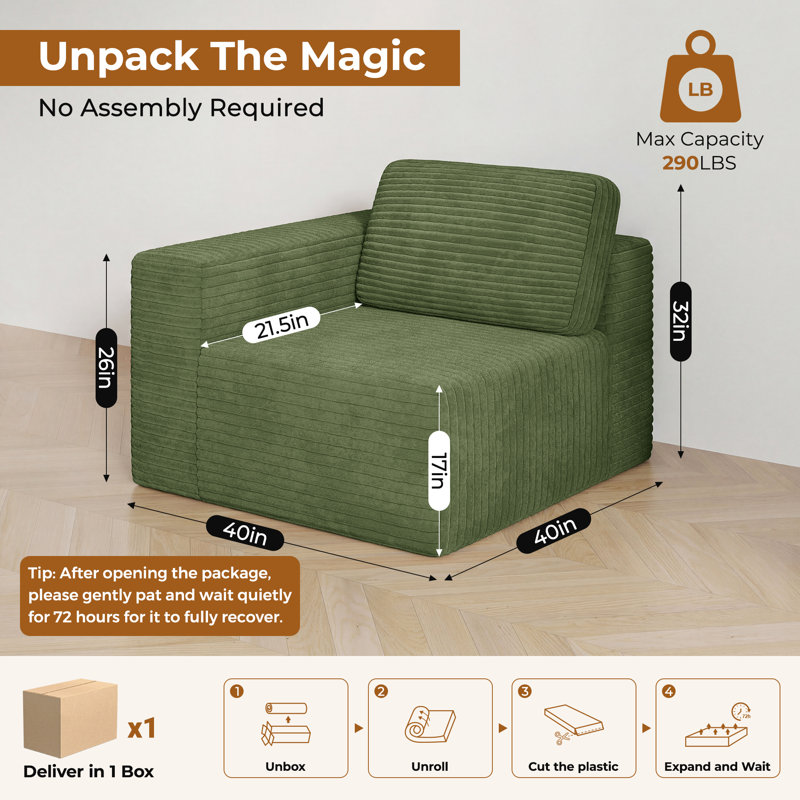 Fauteuil d'appoint modulaire en velours côtelé de 40 po faisant face à la main gauche, sans assemblage requis Canapé simple avec éponge à double support à rebond élevé