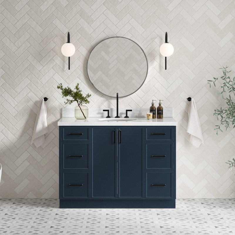 ARIEL Kelly 49 Single Sink Bathroom Vanity with Italian Carrara Marble Top, Midnight Blue, 49"