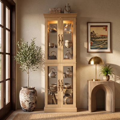 Oak Lighted Glass Curio Display Cabinet