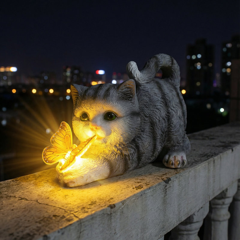Statue de chat gris pour le jardin - tenant un papillon illuminé