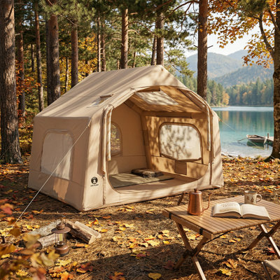 Tente de camping gonflable facile à installer pour 4 à 6 personnes - Abri extérieur spacieux avec pompe à main - Tente familiale portable résistante aux intempéries - Taille: 8 carrés