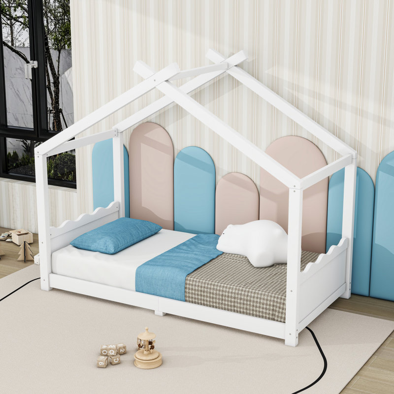 Wood House Floor Bed With Slats, Twin, White