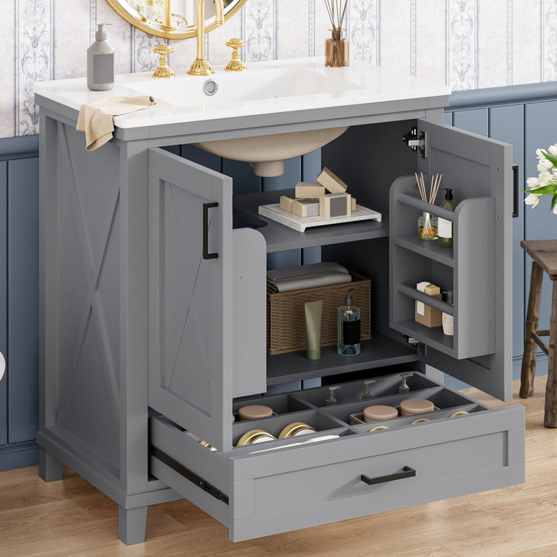 Meuble-lavabo moderne 30 po avec comptoir en céramique pour salle de bain, Gris