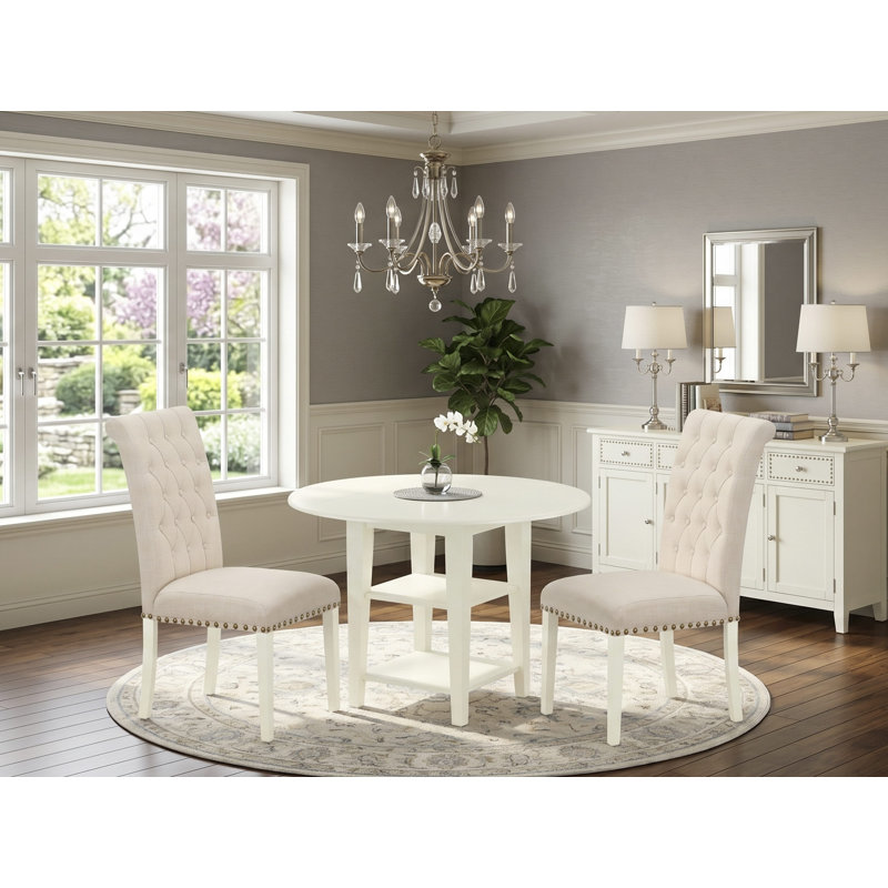 Ensemble de salle à manger 3 pièces comprenant une table ronde avec abattant et étagères et 2 chaises rembourrées en lin beige clair, 107 x 107 cm, blanc lin