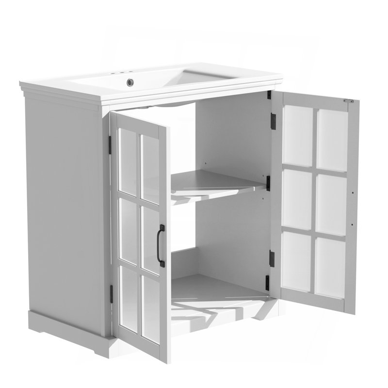Meuble-lavabo moderne de 30 po avec lavabo en céramique, meuble-lavabo avec verre trempé flou et poignées noir mat, équipé d'un grand espace de rangement et d'un cadre en bois d'hévéa, blanc