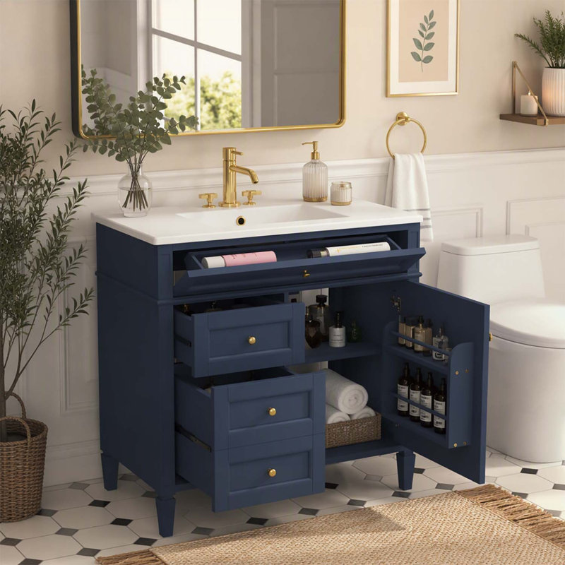 Meuble-lavabo moderne de 36 pouces avec lavabo supérieur, grand espace de rangement et design minimaliste élégant pour une utilisation efficace de l'espace.