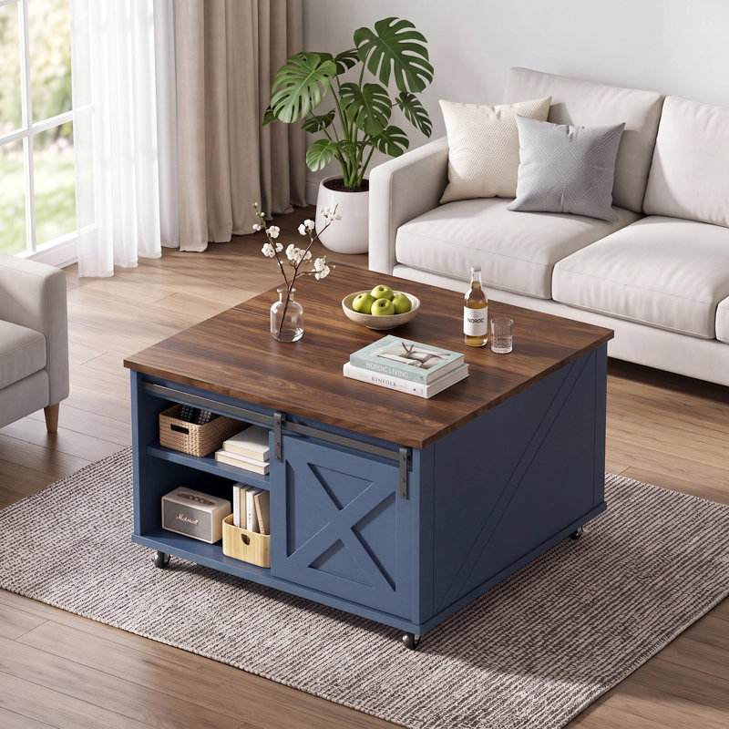 Table basse carrée avec plateau relevable de 31,6 pouces, Bleu/brun