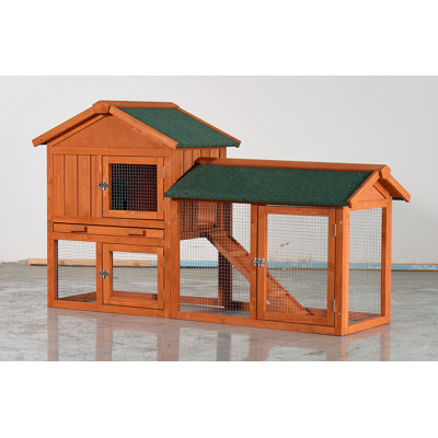 Large Wooden Rabbit Hutch, 2-Story Outdoor Bunny Cage With Waterproof Asphalt Roof, Pull-Out Tray & Ramp, Fir Wood Pet House For Rabbits, Chickens, Guinea Pigs (Brown & Green)
