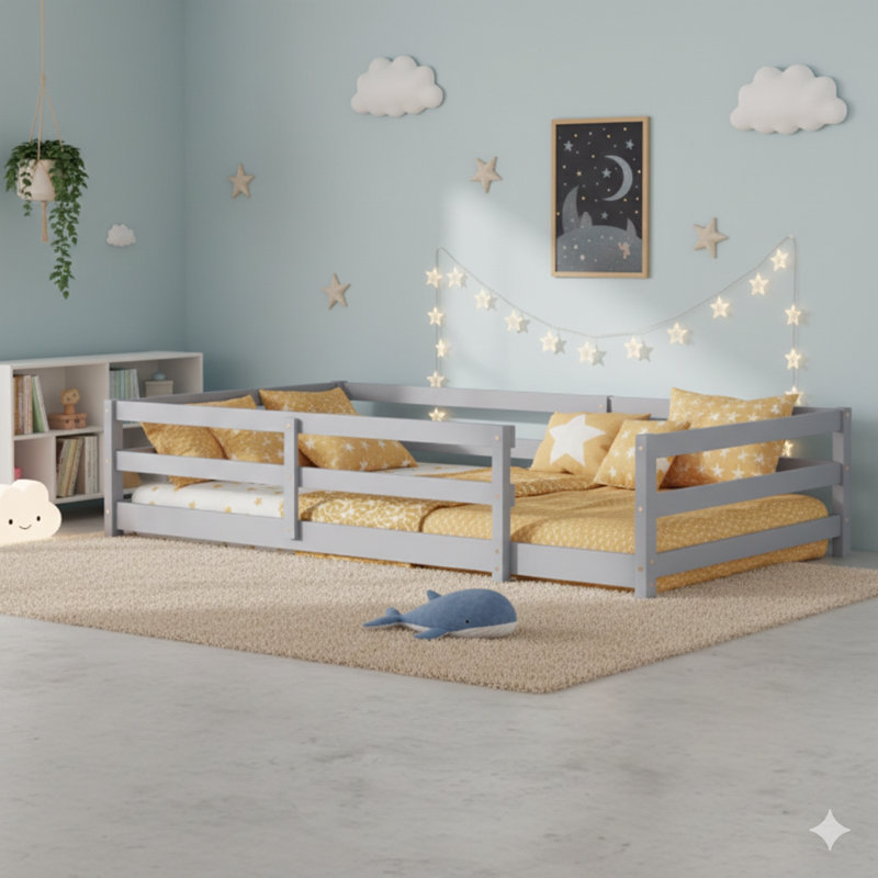 Montessori Floor-Level Twin Bed With Protective Fencing, Wooden Low-Profile Bed For Children, Suitable For Girls And Boys, GRAY.