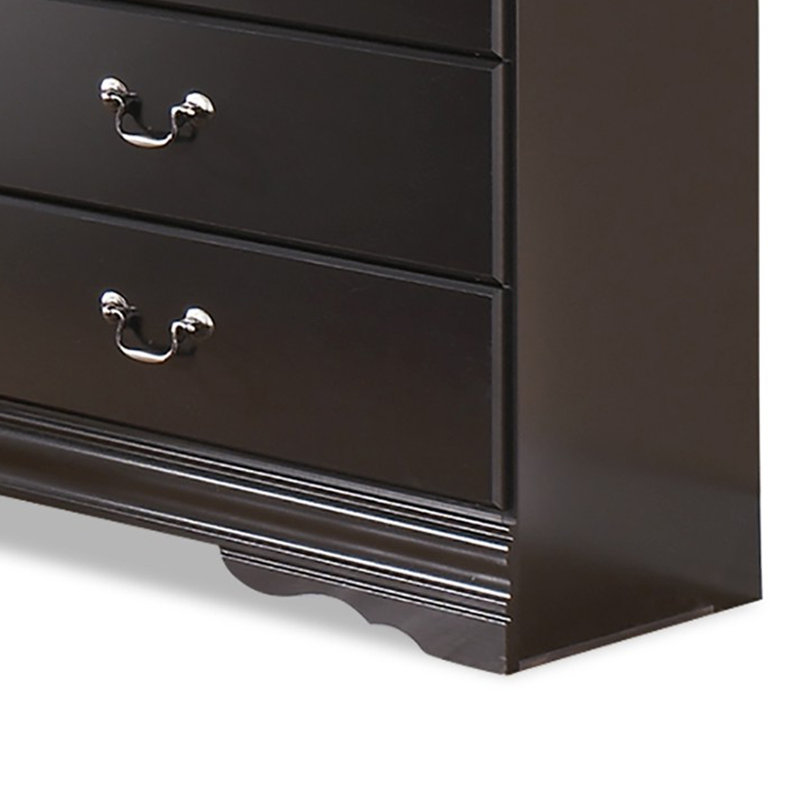 Commode large Yara, finition noire classique, 6 tiroirs, poignées en étain