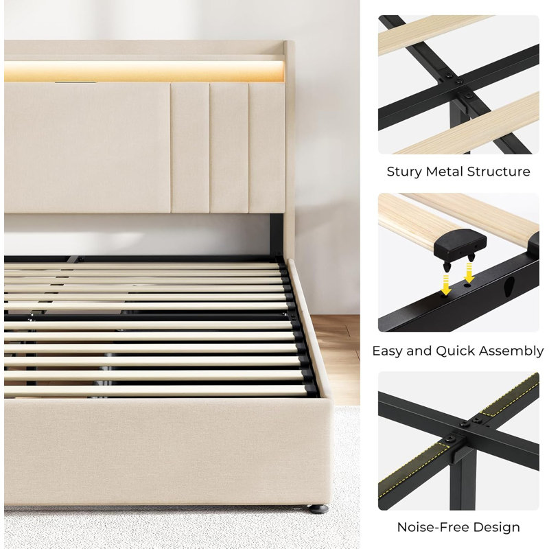 Full Beige Upholstered Bed Frame with LED Lights and Storage Drawers