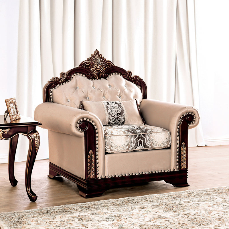 Chaise d'appoint Catie, accoudoirs roulés beiges, têtes de clou, bois massif brun cerise