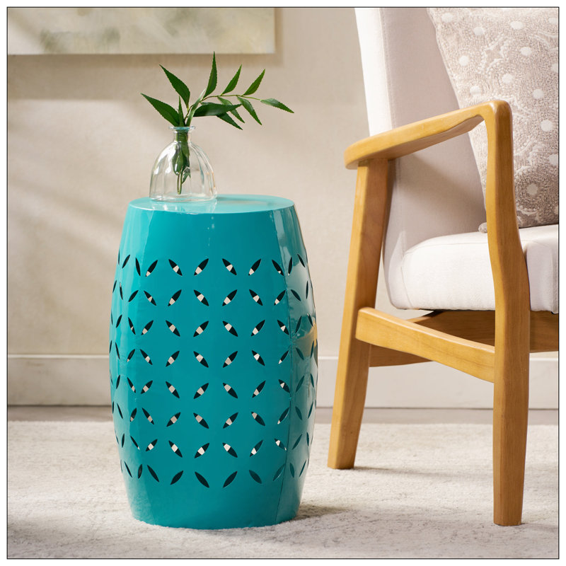 Teal Metal Lace Cut Barrel Accent Table