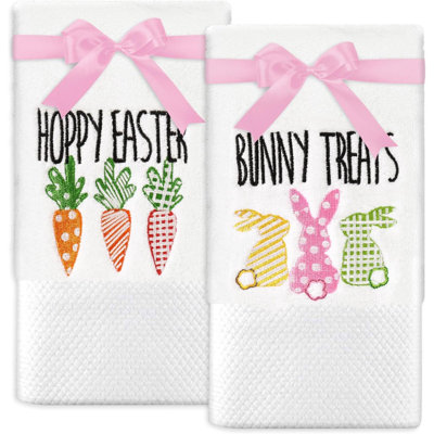 Ensemble de 2 serviettes de bain Anydesign, lapin de Pâques, coton, carotte, serviettes brodées avec ruban rose pour l'anniversaire du printemps, douche de bébé, salle de bain, séchage à la main, nettoyage, cadeau de serviette de cuisine
