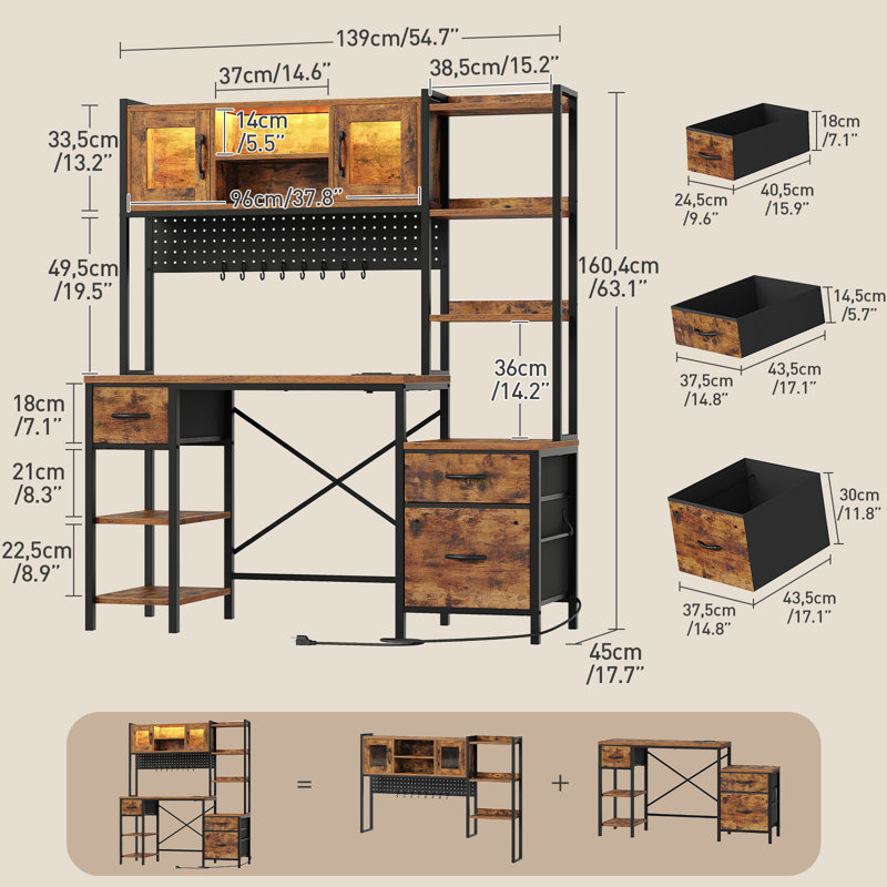 Paylan Computer Desk with Hutch, Gaming Desk with Storage Shelves and File Cabinet, Rustic Brown