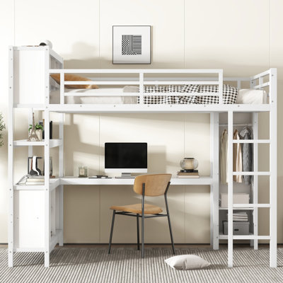 Metal Loft Bed For Teens And Adults, Queen Size, With Wardrobe, Desk, White, Space Saving, Easy Setup White Storage Heavy Duty, To Assemble