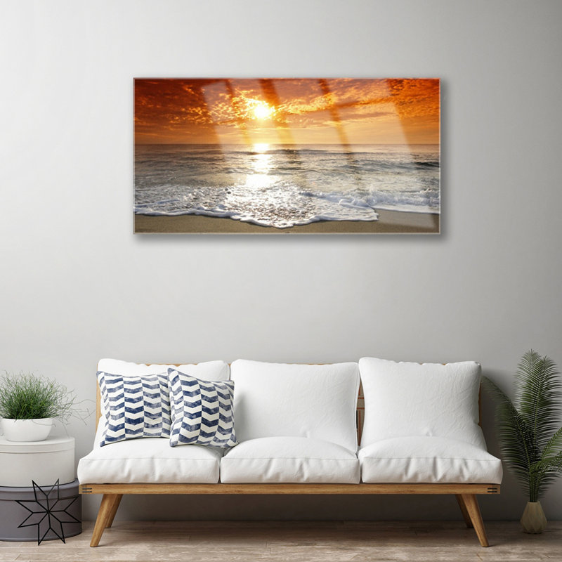 Glass Print Wall Art 100X50cm Image Printed On Glass Decorative Wall Picture Behind Toughened / Tempered Safety Real Glass For Kitchen & Living Room Theme: Sea Sun Landscape
