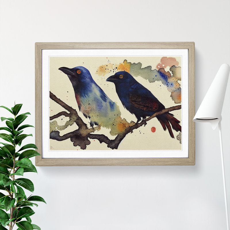 Crow Bird Watercolour Vol.2 - Framed Print, 25cm H x 34cm W x 2cm D, Oak