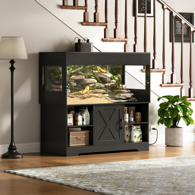 Réservoir de reptile Herture 60 gallons avec support, réservoir de terrarium avec armoire de rangement, pour lézards, scinques, serpents, portes coulissantes en acrylique, plateau en filet, prise de courant intégrée noir Px02Rtb