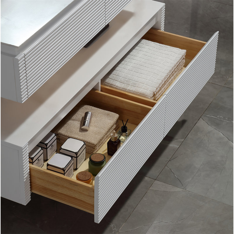 Solid wood 48'' Modern Wall Mounted Single Bathroom Vanity with Engineered Marble Top and Light, White