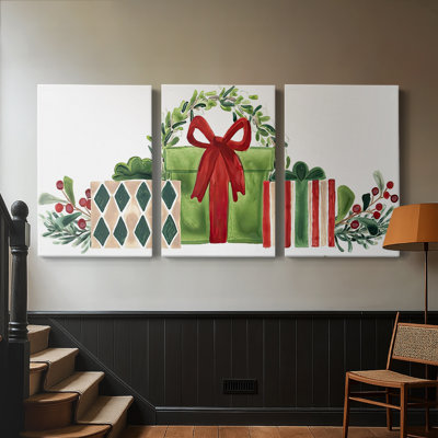 Woodland Holiday Collection D - Cadeaux de Noël avec couronne aquarelle, ensemble d'art mural sur toile 3 pièces