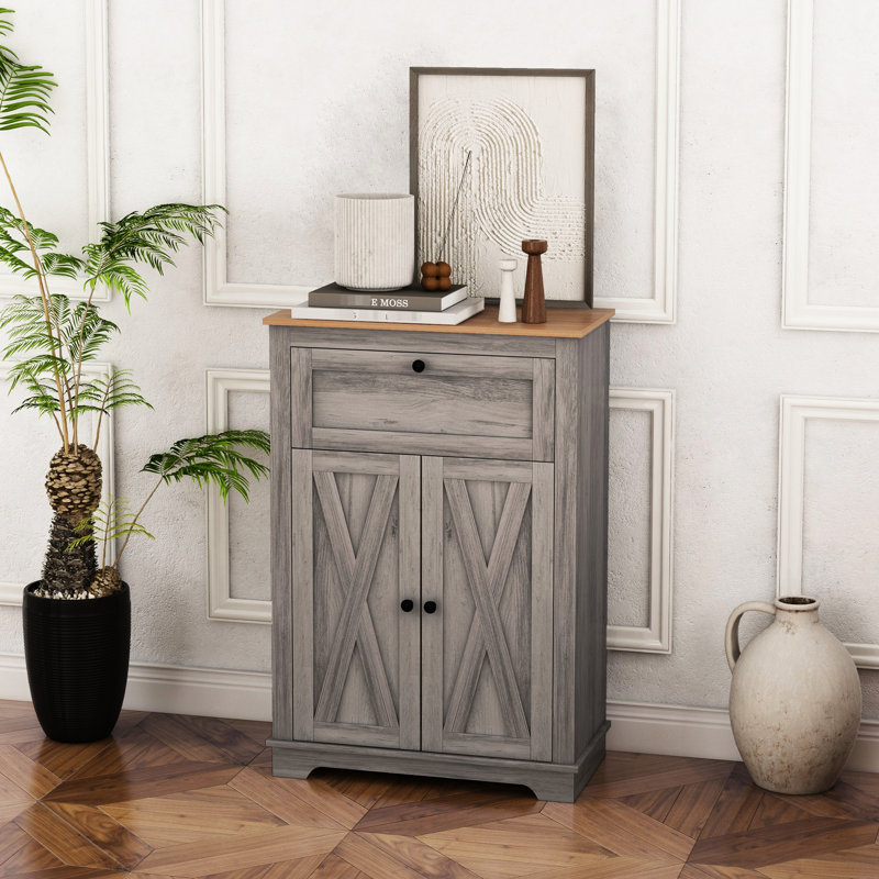 Living Room Cabinet In Gray - Barn Door Accent With Drawer & Adjustable Shelf Sideboard. Double Doors, Shelf. For Bedroom And Room. Ample Storage Capacity. Tipping. Particleboard Construction. 23.5"W