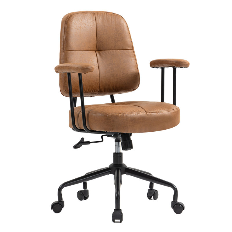  Home Office Chair, Upholstered Desk Chair With Armrests, Mid Century Modern Comfy Computer Chair With Wheels, Adjustable Faux Leather Desk Chair For Home Office (brown -metal Pipe)