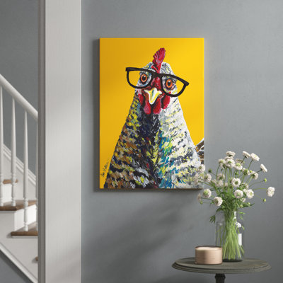 Chicken Willimina Glasses On Yellow - Wrapped Canvas Print