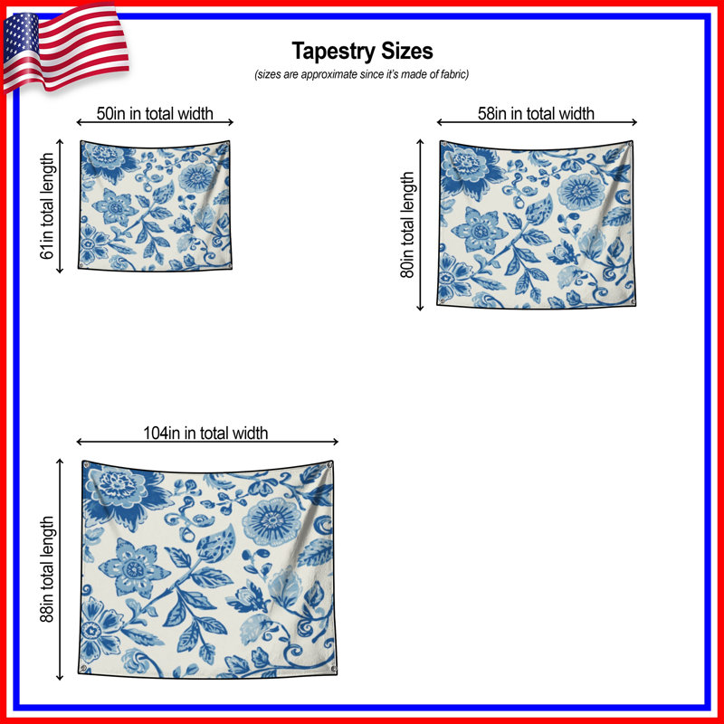 Tapisserie murale florale bleue - décoration murale florale, 104in H x88 with 4 Grommets