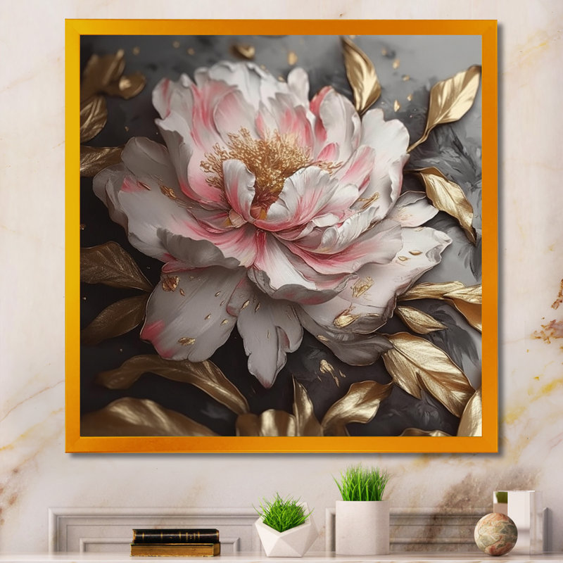 Décoration murale pivoines roses et grises en fleurs IV - pivoines florales, Encadrement doré, H 24 po x l 24 po