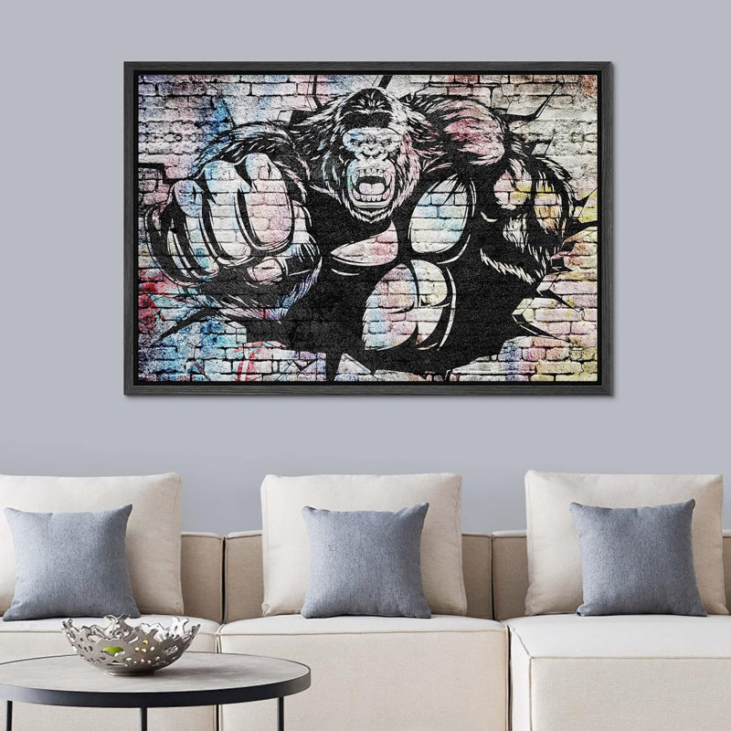 «Black and White Gorilla Punching Graffiti & Street Art Pop Art Modern Urban Multicolor», impression sur toile