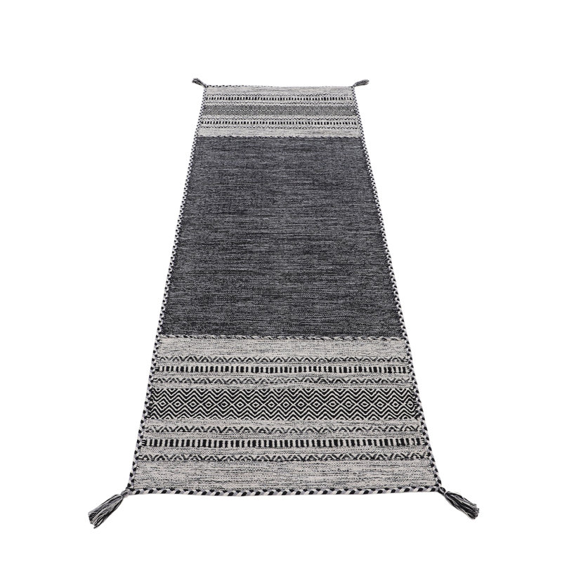 Azizi Striped Hand Woven Cotton Black Rug, Runner 80 x 300cm