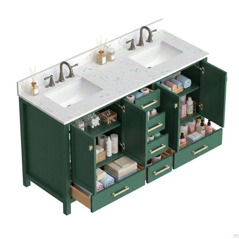 Meuble-lavabo 60 po, meuble-lavabo avec cadre en bois massif, comptoir autoportant avec 2 lavabos vert