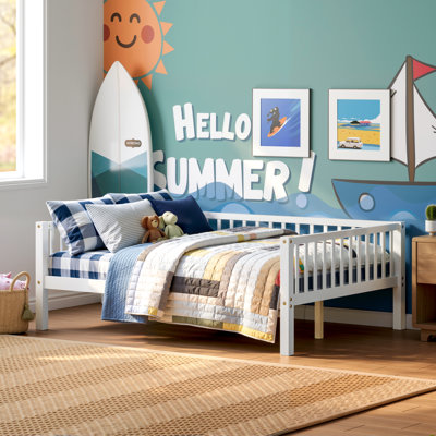 Full Size Daybed with 3-Sided Vertical Slat Guardrails, Wooden Slat Support, White