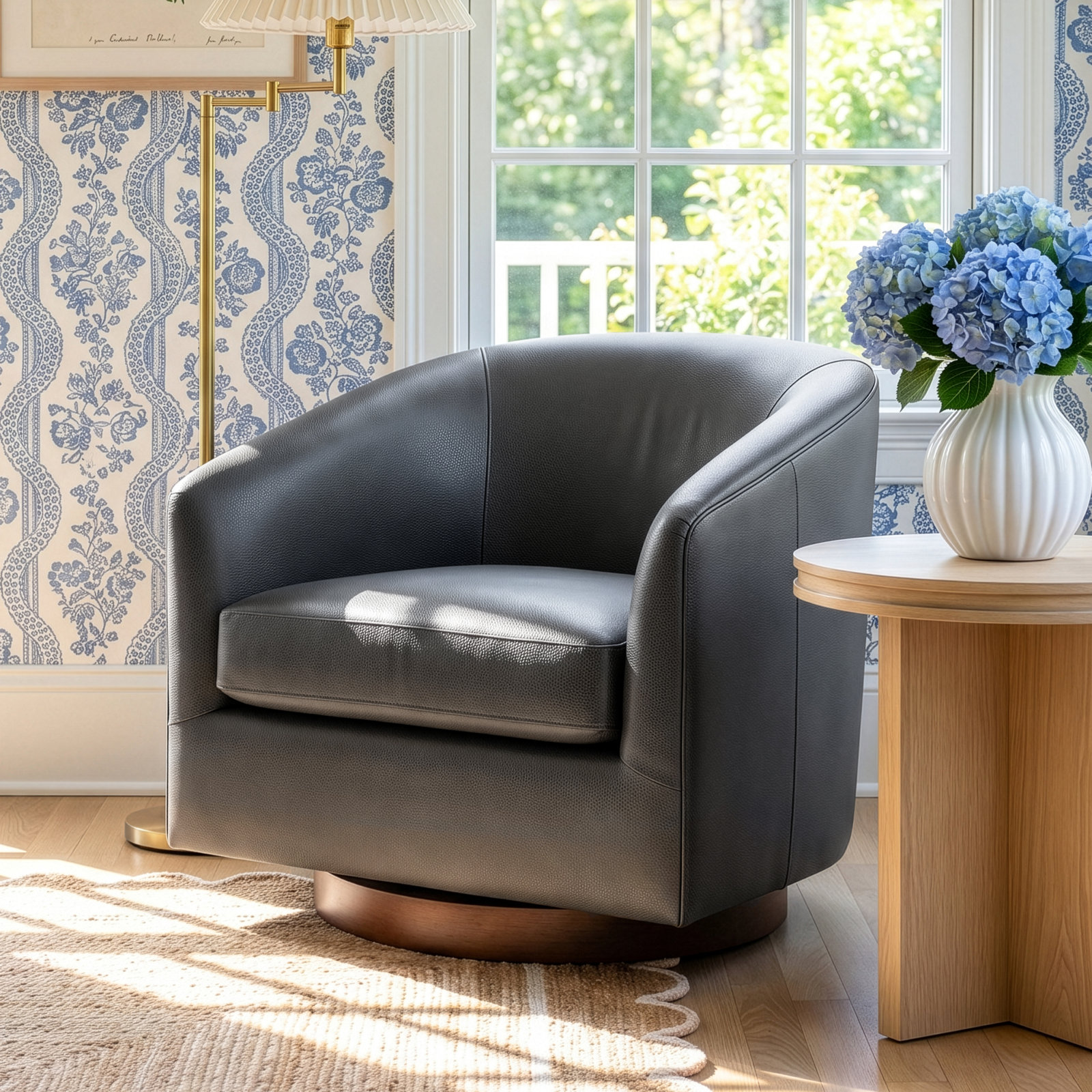 Bennett Vegan Leather Swivel Barrel Chair, Charming Charcoal Vegan Leather