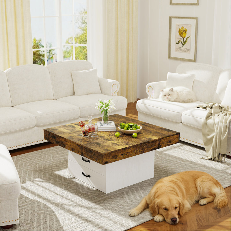 Table basse 35 po carrée à DEL avec 2 tiroirs, Blanc