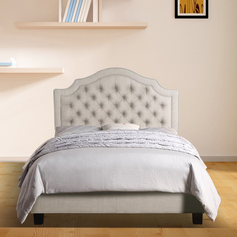 Lit rembourré en lin avec tête de lit réglable et capitonnage à boutons, Beige, Très grand lit