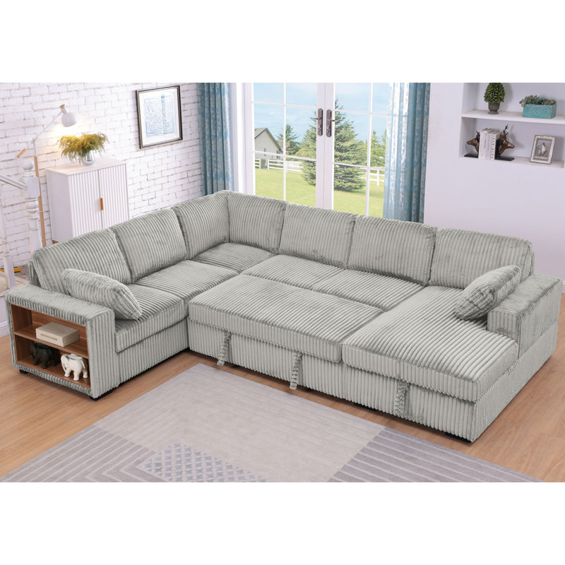 Sleeper Sectional Sofa with Pull-Out Bed, Storage Armrest, Right-Facing Storage Chaise, Gray