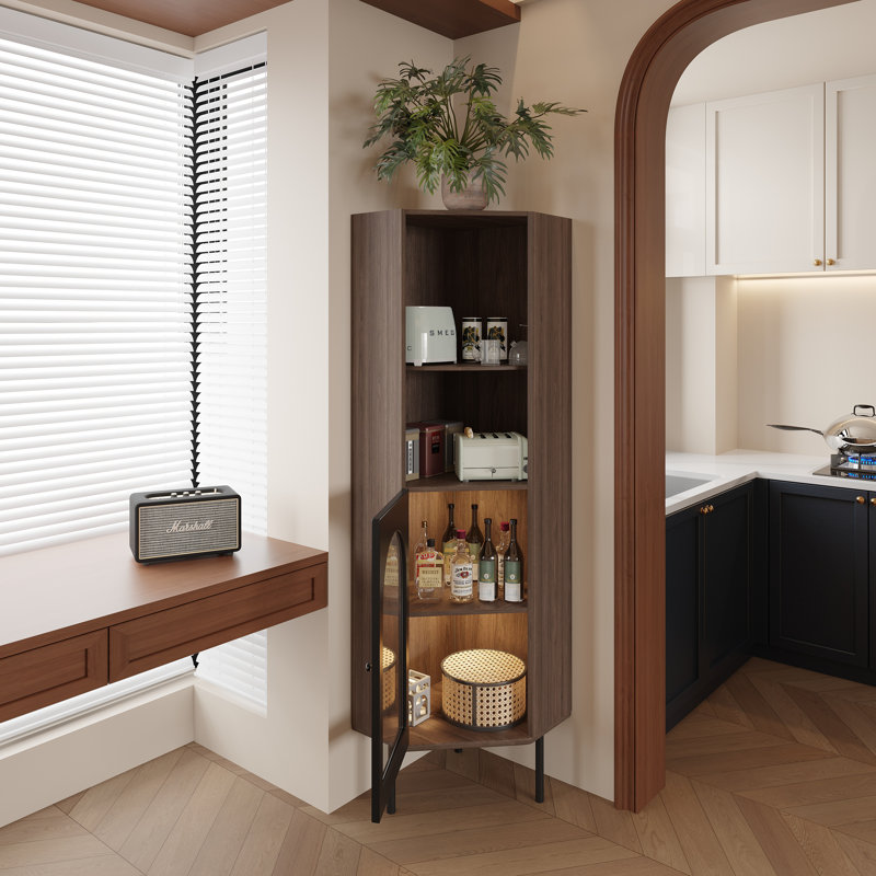 4-Tier Corner Bookcase With Glass Door And LED Sensor Light, Walnut Bookshelf L-Shaped Shelves With Baffles