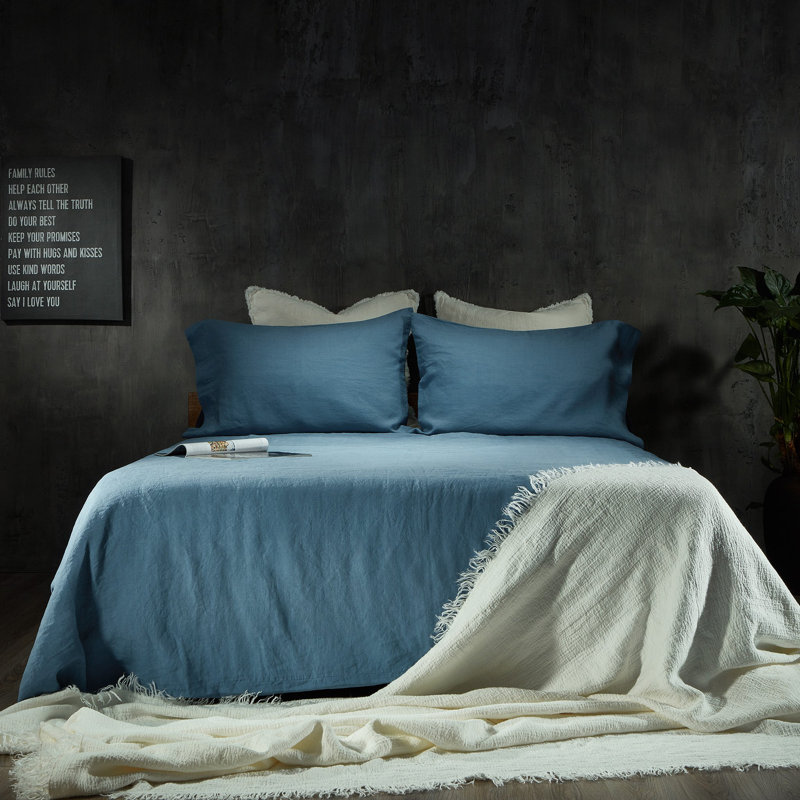 Ensemble de literie en lin, Ensemble de draps pour grand lit avec 2 taies d'or, Bleu Aruba