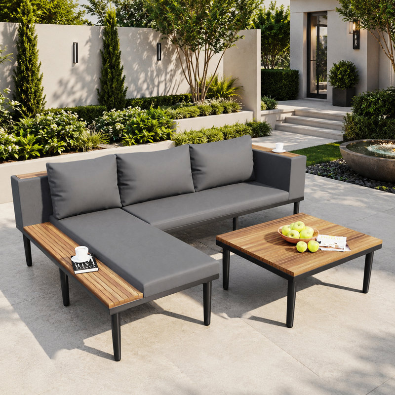 Ensemble modulaire de patio en L en bois d'acacia avec table d'appoint et coussins amovibles