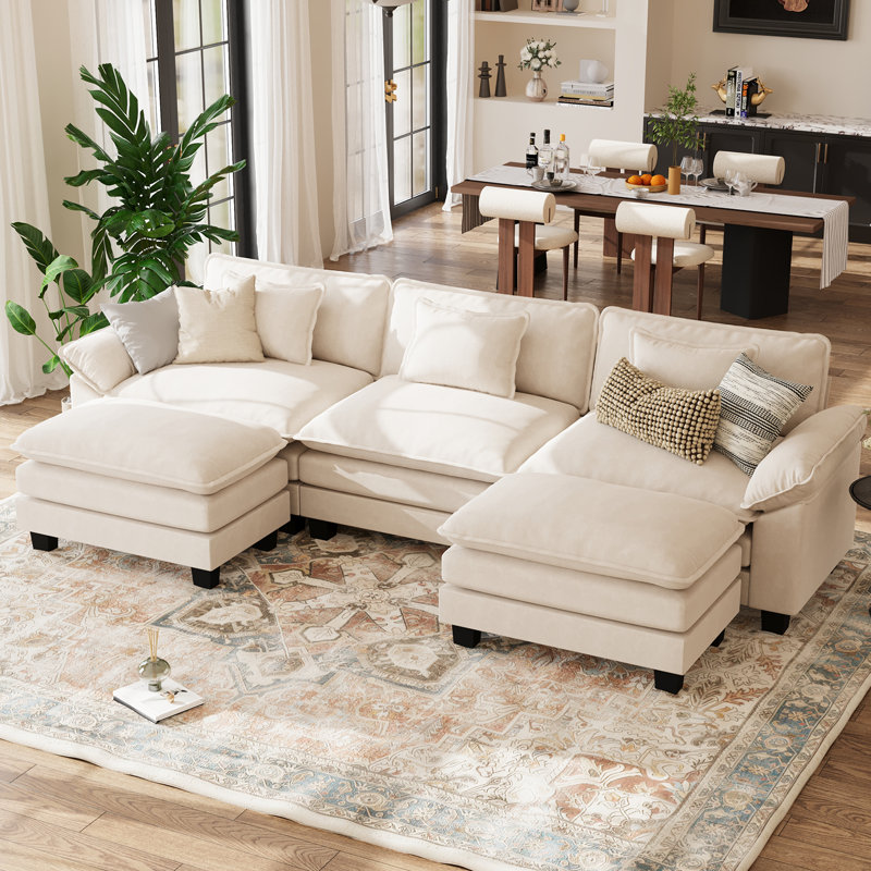 Canapé modulaire en U de 120 po avec deux repose-pieds et coussins amovibles Brazell, Coton beige