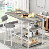 Dining Table Set For 2, 3 Pieces Bar Table Counter Height And Chairs Set, Kitchen Table  With 3 Storage Shelves, 2 Upholstered Chairs With Backrests & Footrests For Apartment, Breakfast, Bar, Kitchen Island